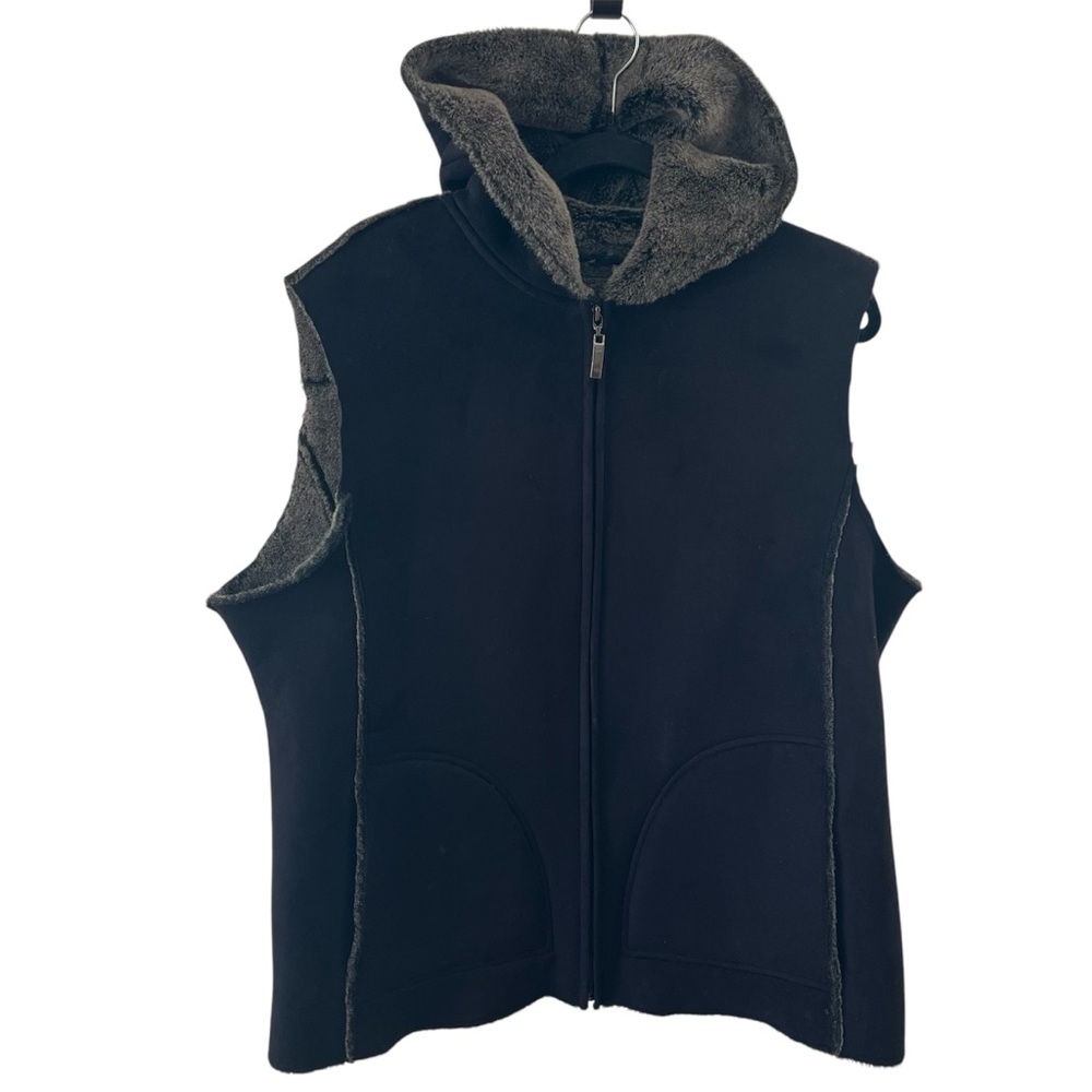 Black Hooded Faux Suede Vest Zip Up Soft Faux fur Lining No Size Tag
